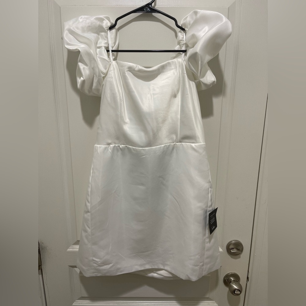 Lulu's White Satin Dress with Stylish Sleeves